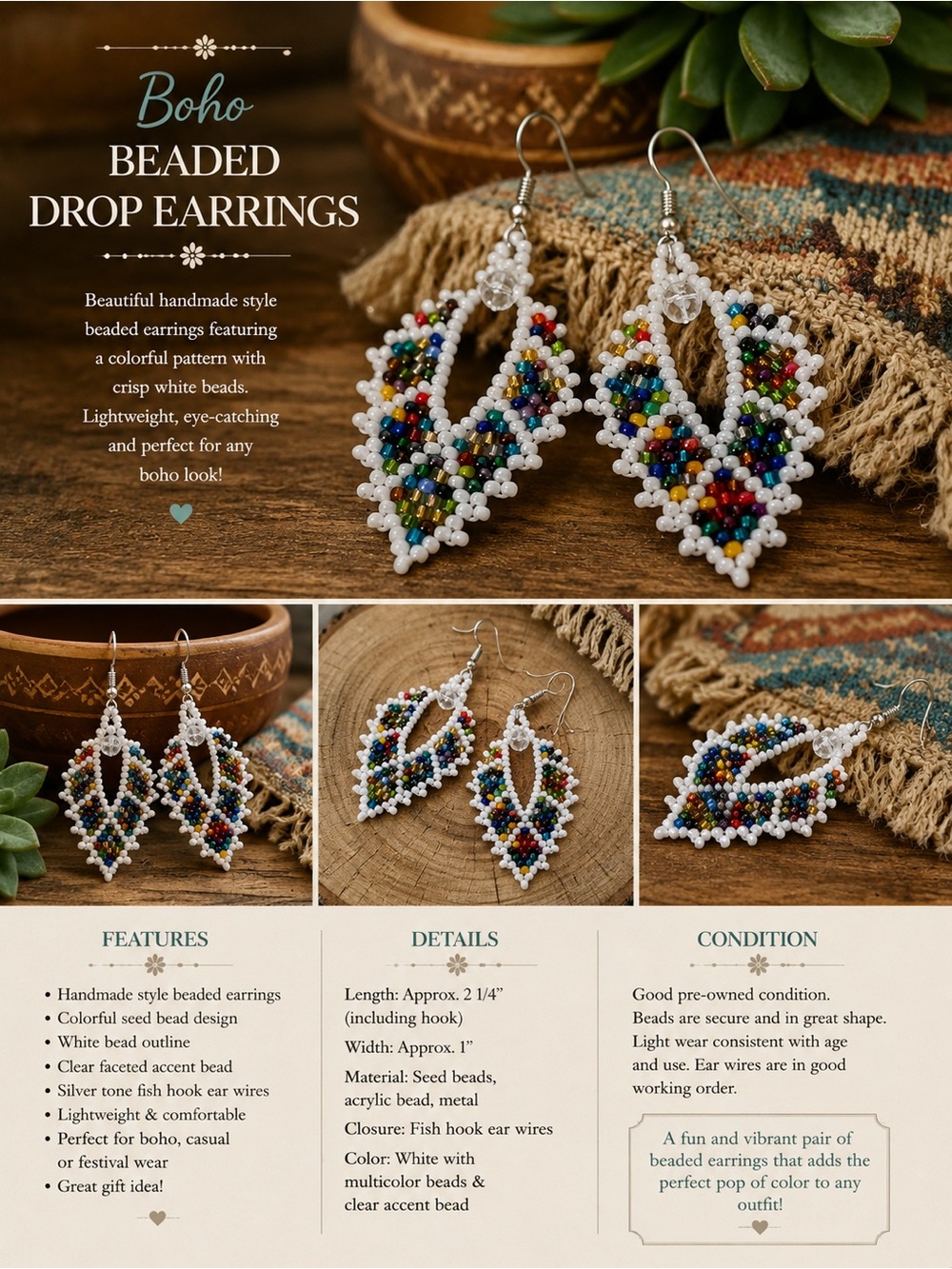 Boho Beaded Drop Earrings – Colorful Seed Bead Dangle Earrings